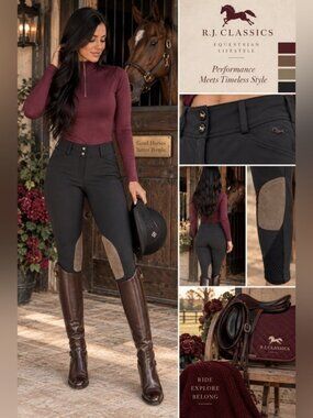 R.J. Classics 26L Black Equestrian Knee Patch Riding Breeches Horse Pants